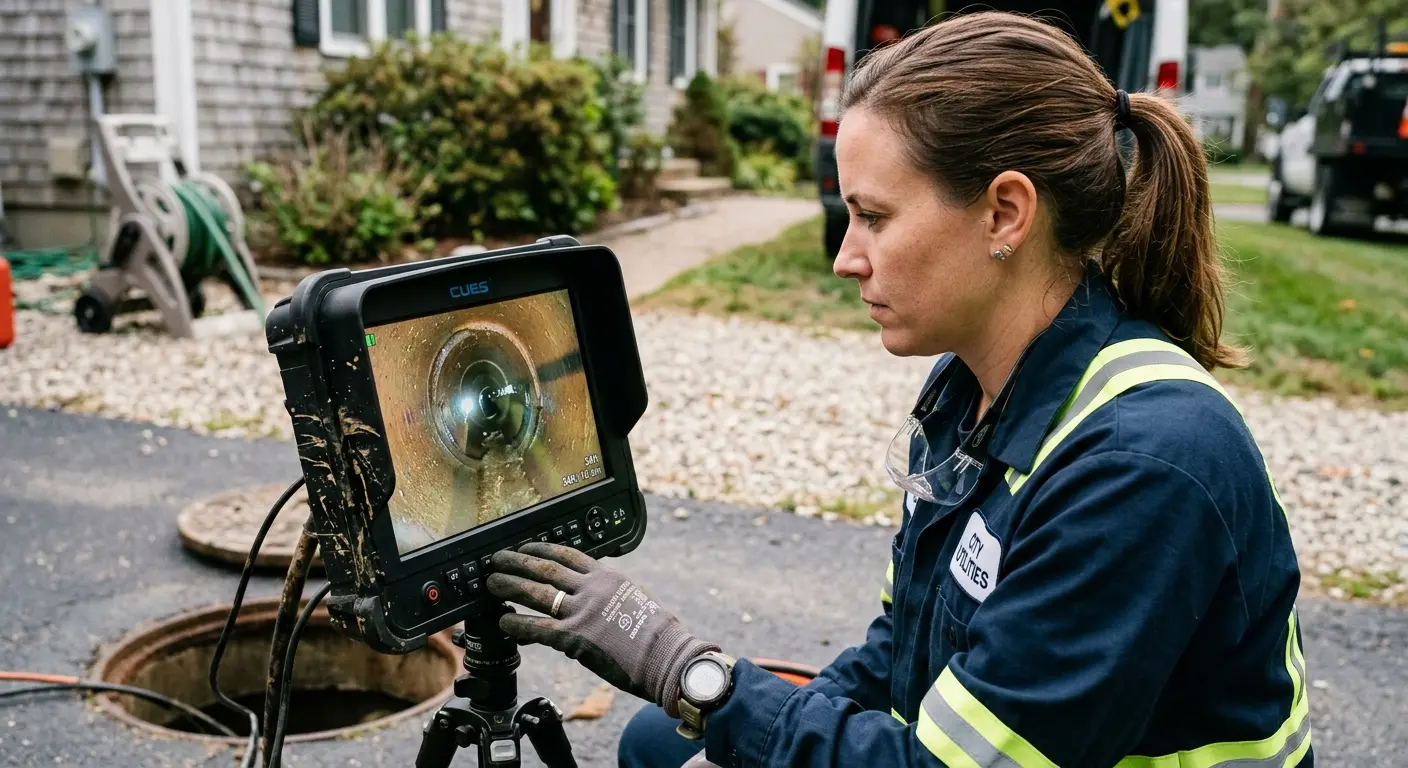 Technician reviewing sewer camera inspection footage in Plover