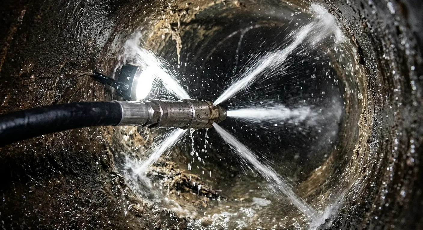 High-pressure hydro jetting nozzle cleaning sewer pipe for Sewer Cleanout in Plover
