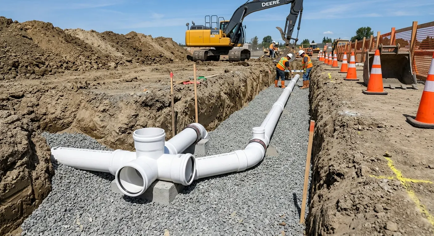 New PVC sewer pipe installation in open trench for Sewer Backup in Plover