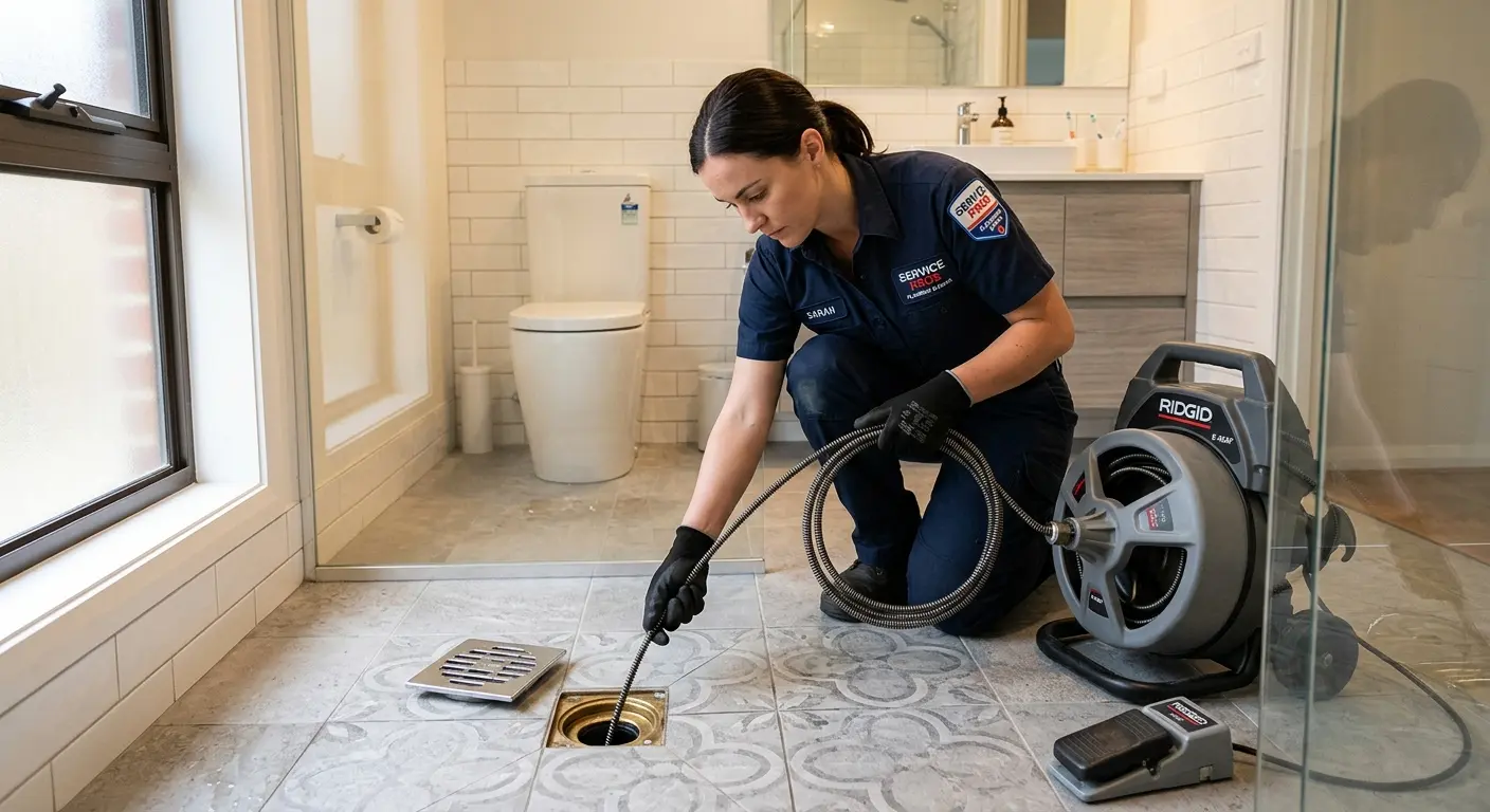 Technician clearing a bathroom floor drain for Drain Cleaning in Plover